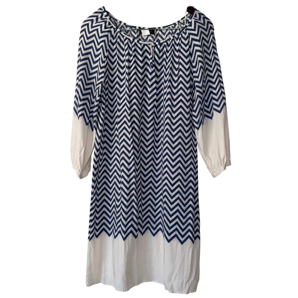 Venus Navy Blue White Chevron Zig Zag Shift Dress Long Sleeve Sz 10 - Picture 2 of 9